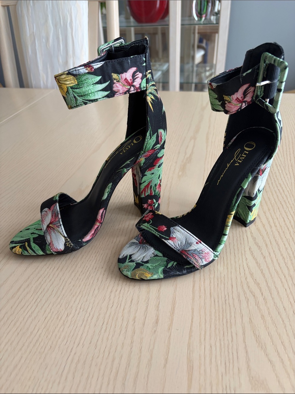 Olivia Miller Black Floral Ankle-Strap Block Heels